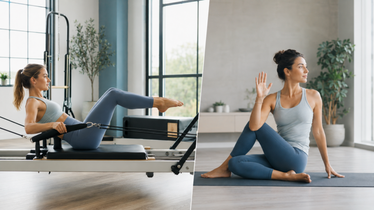 Two women practicing Pilates reformer and mat exercises